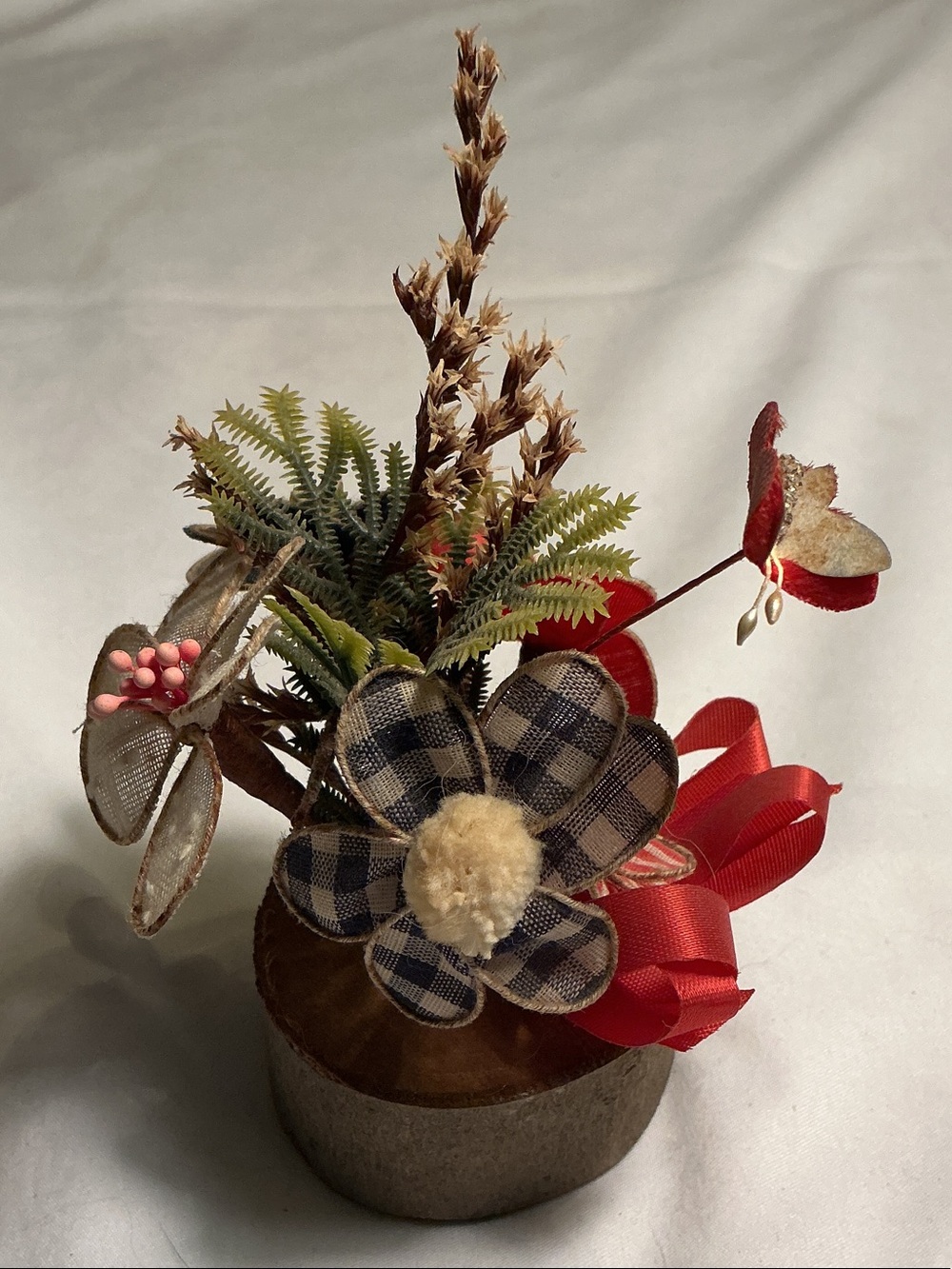 Antique Red and Cream Fabric Floral Arrangement with Plaid Flowers over 100 y.o.